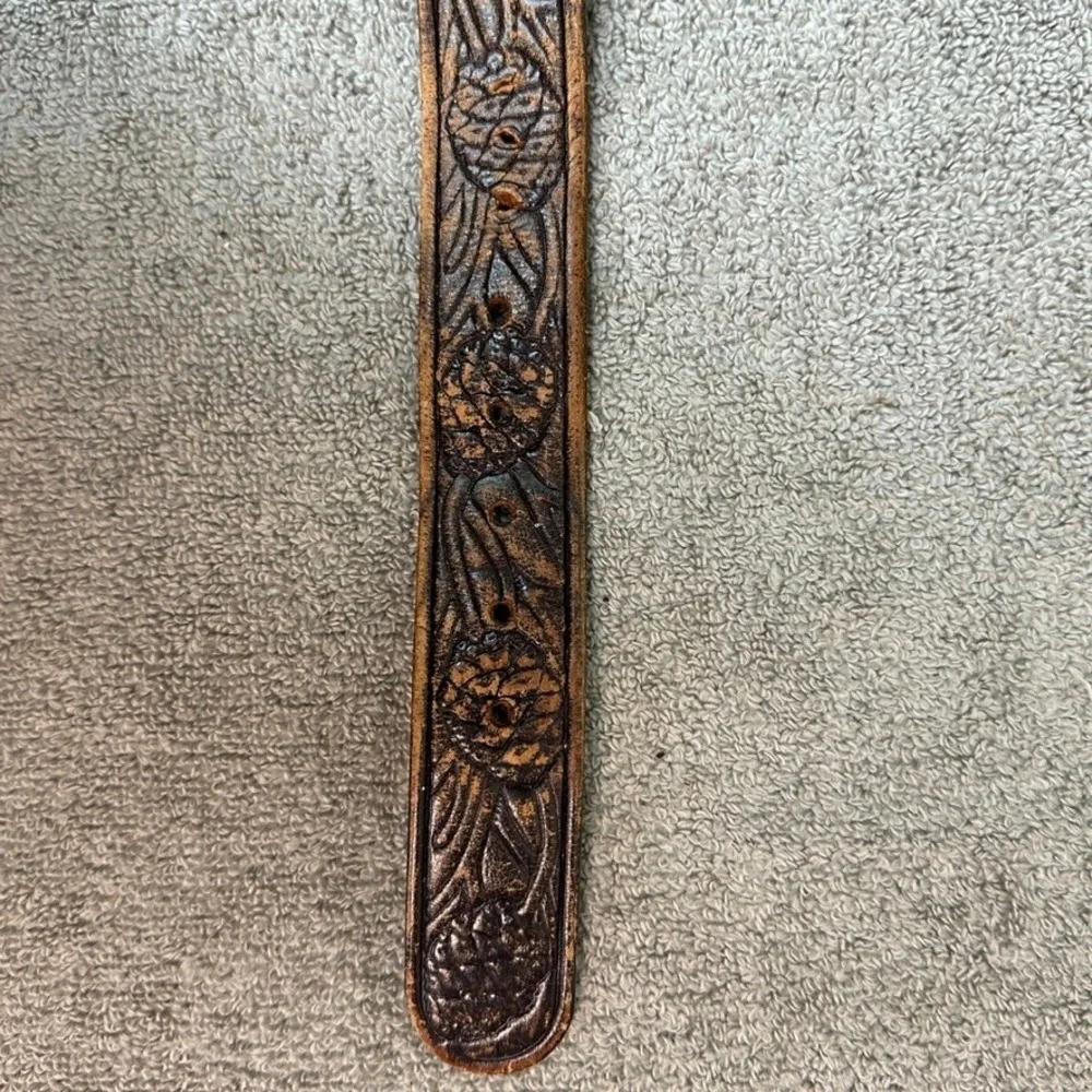 Vintage Hand Tooled Leather Belt Brown Western Floral Pineapple Size 36 Brass